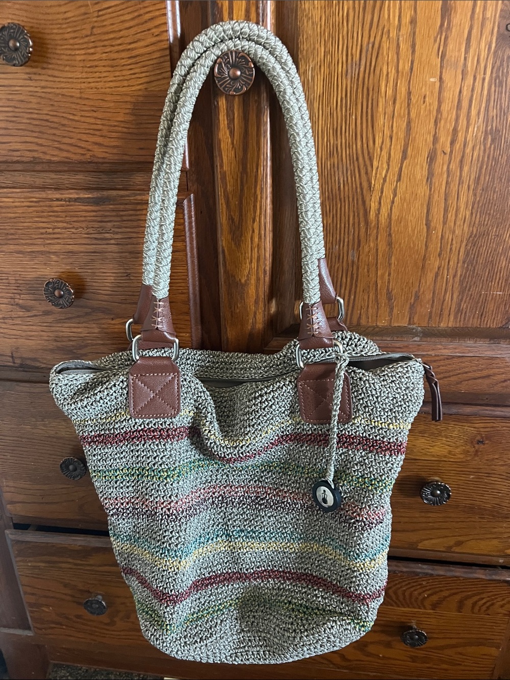 The Sak Multicolor Woven Stripe Tote with Brown Trim